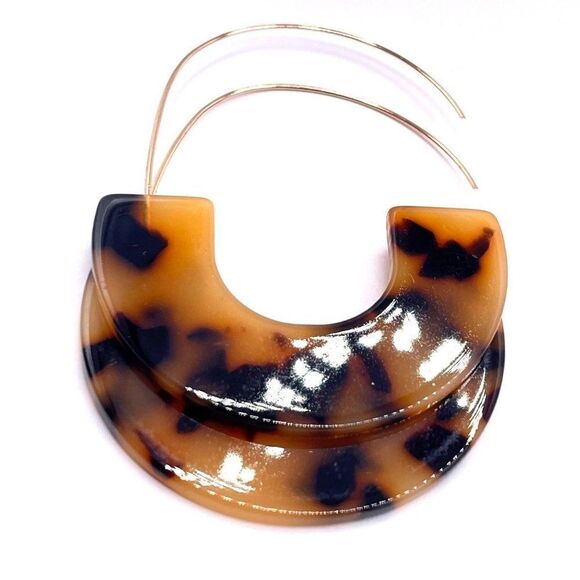 Orange and Black C Shaped Tortoise Shell Acrylic Yellow Gold Hoop Earrings - Picture 5 of 6
